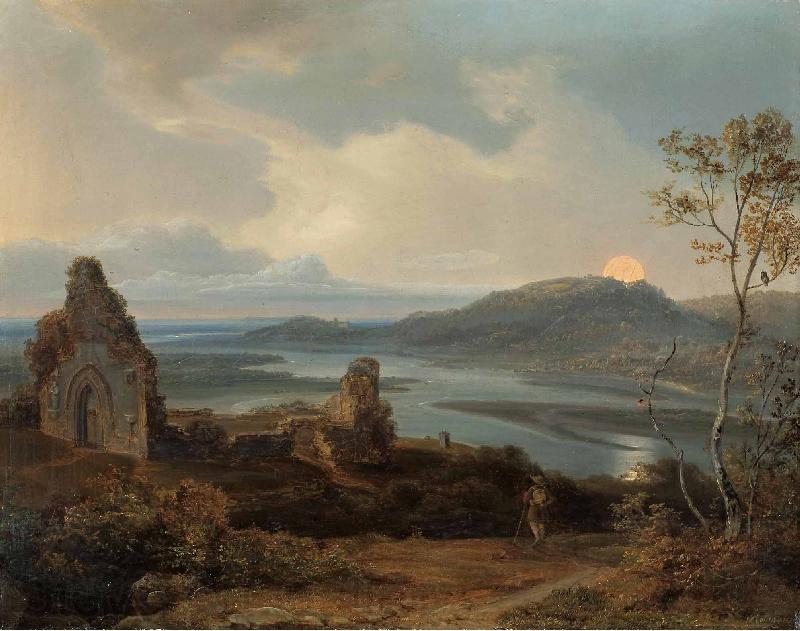 Carl Rottmann Ruin of a chapel near a river with rising moon